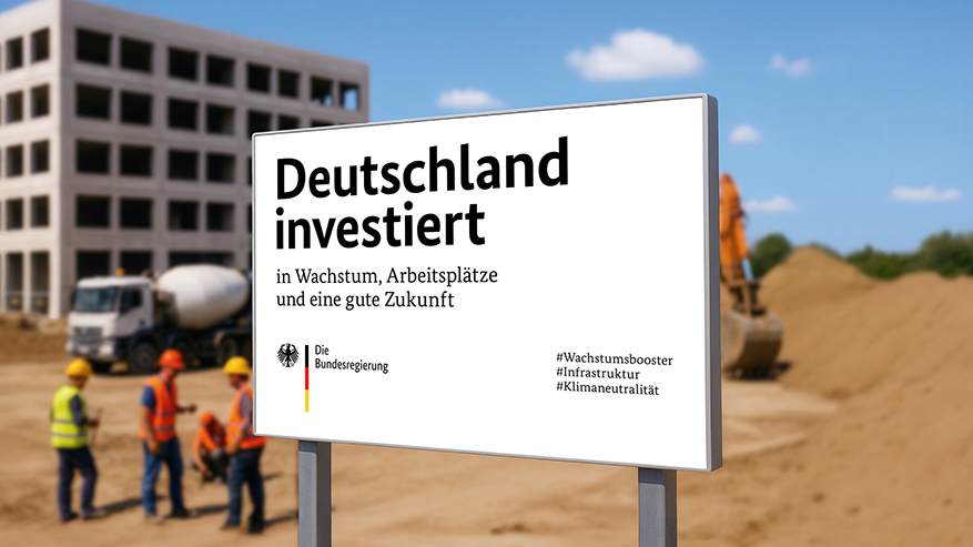 Ein Werbebild des Finanzministeriums mit dem Text "Deutschland investiert in Wachstum, Arbeitsplätze und eine gute Zukunft."
